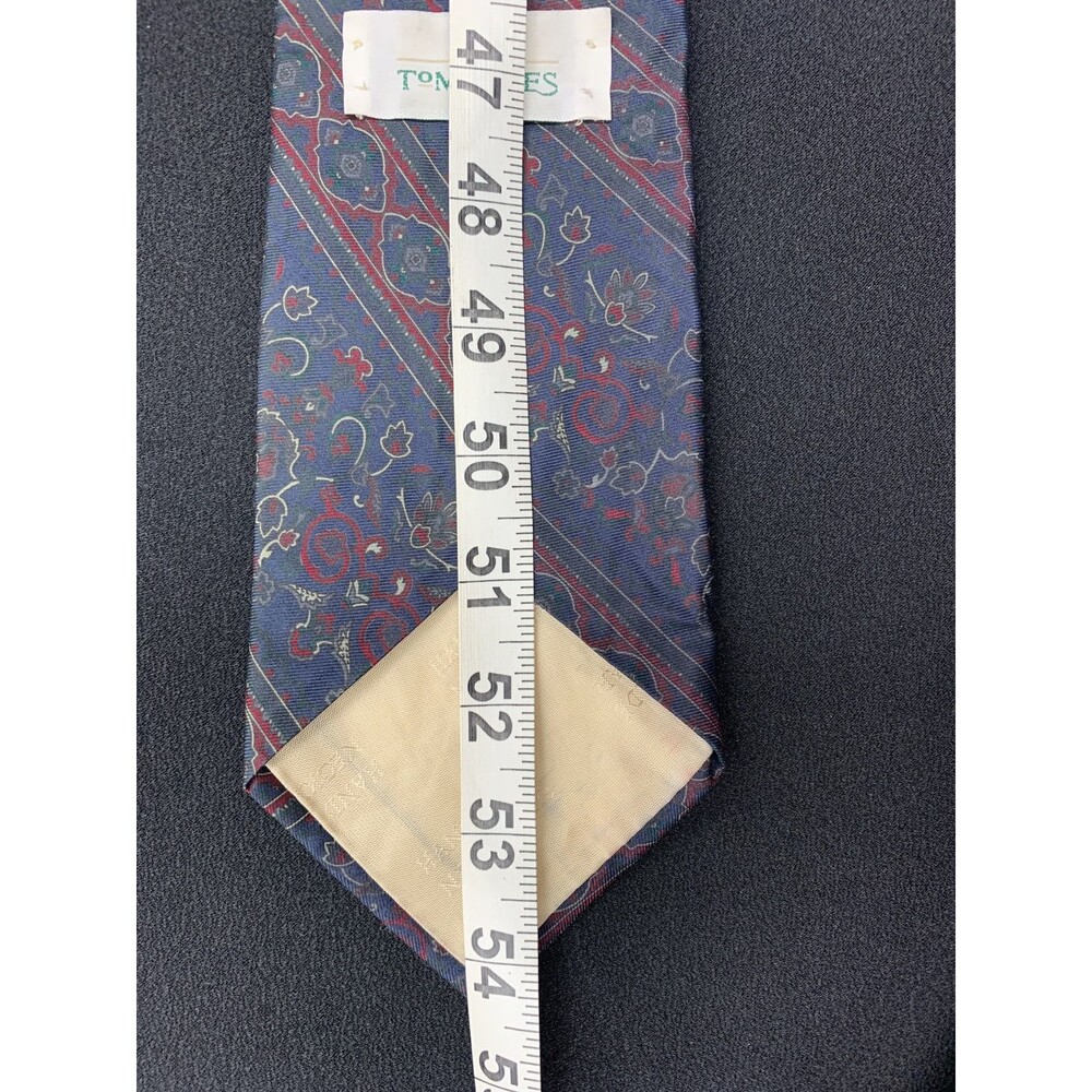 Vtg 80s 90s Tom James Silk Neck Tie Blue Red Floral Wall Art Designer Corpcore - Picture 7 of 9